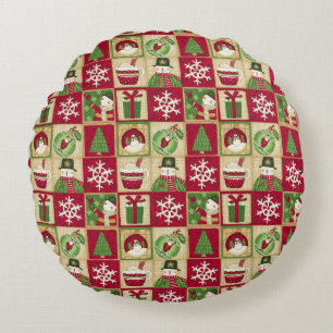 Coussins Ronds Thème de Noël Bonhomme de neige Flocons Rouge Vert
