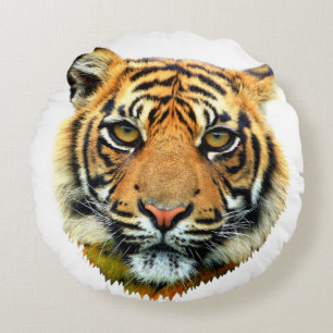 Coussins Ronds Tigre sauvage face d'animal sur fond blanc
