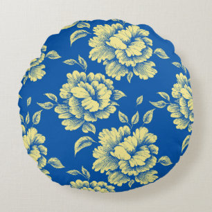 Coussins Ronds Toile de pivoine bleu et jaune - Décor champêtre f