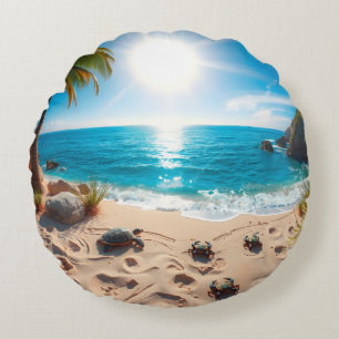 Coussins Ronds Tortue de mer à l'aquarelle sarcelle Zen côtier