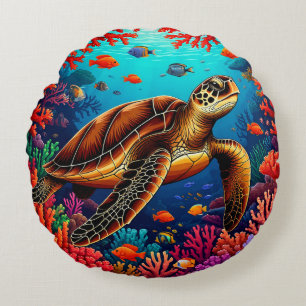 Coussins Ronds Tortue de mer et récif de corail vibrant