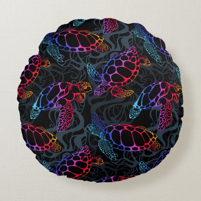 Coussins Ronds Tortue de mer psychédélique : Boho Ocean (Devant)