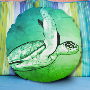 Coussins Ronds Tortue de mer Ronde Originale en Art