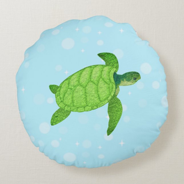 Coussins Ronds Tortue de mer sur arrière - plan bleu clair (Dos)