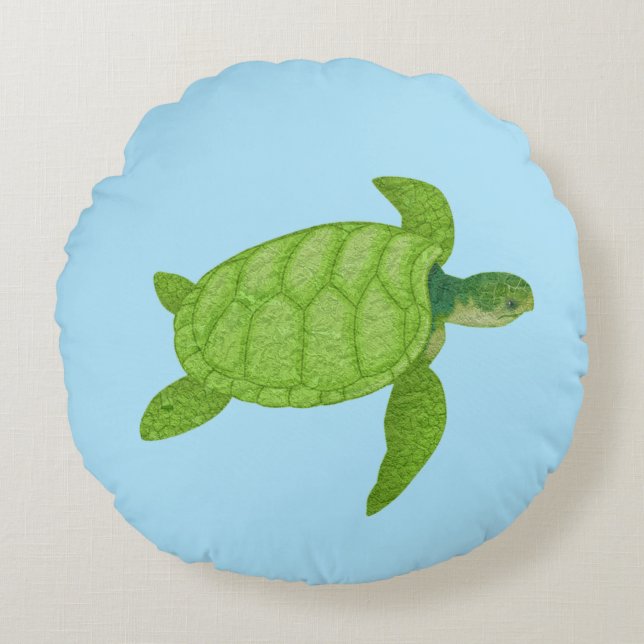 Coussins Ronds Tortue de mer verte sur arrière - plan turquoise (Devant)