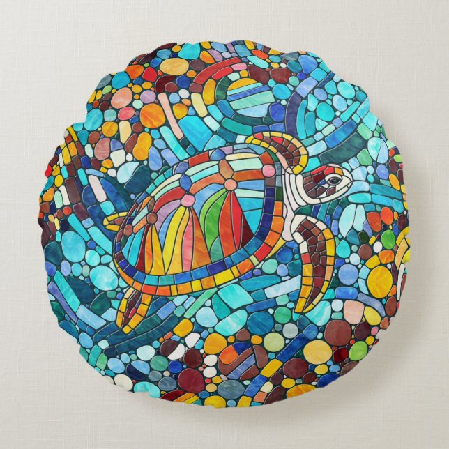 Coussins Ronds Tortue mosaïque colorée (Devant)
