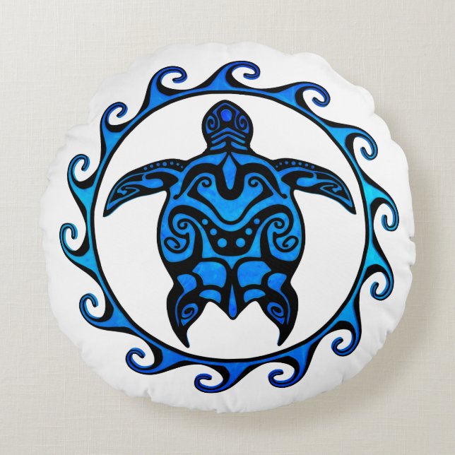 Coussins Ronds Tortue tribale bleue Sun (Devant)