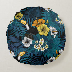 Coussins Ronds Toucans et flore tropicale, bleu, jaune, orange