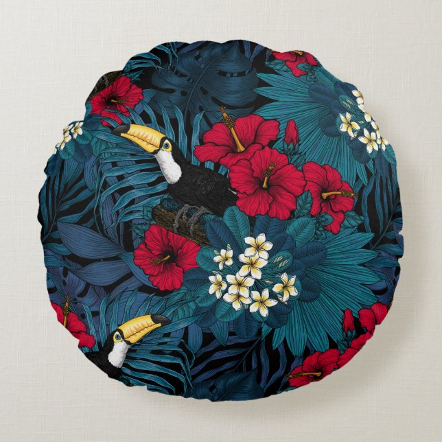 Coussins Ronds Toucans et flore tropicale, verte et rouge (Devant)
