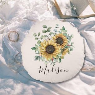 Coussins Ronds Tournesol rustique vintage à aquarelle monogrammé