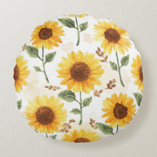 Coussins Ronds Tournesols Jaunes Aquarelle Floral Fantaisiste