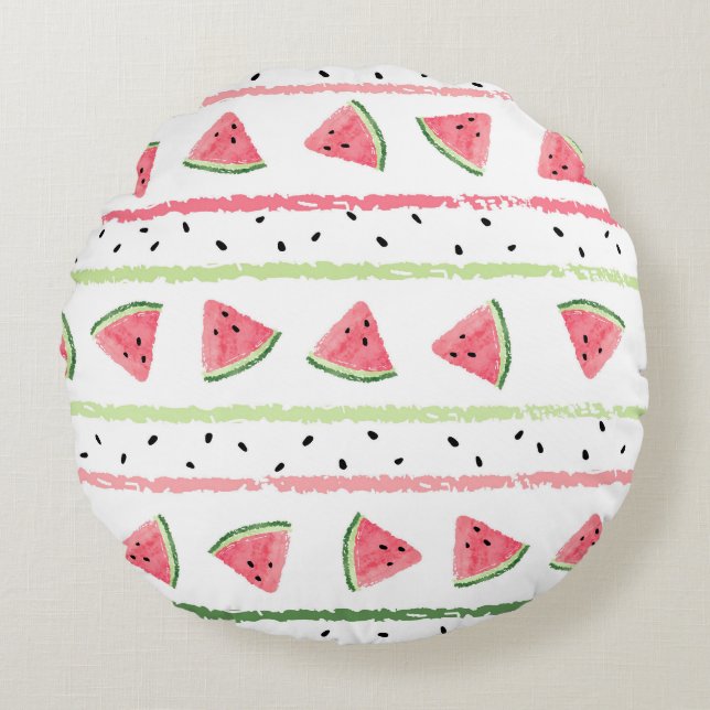 Coussins Ronds Tranches de pastèque : Aquarelle rayée sans fil (Devant)