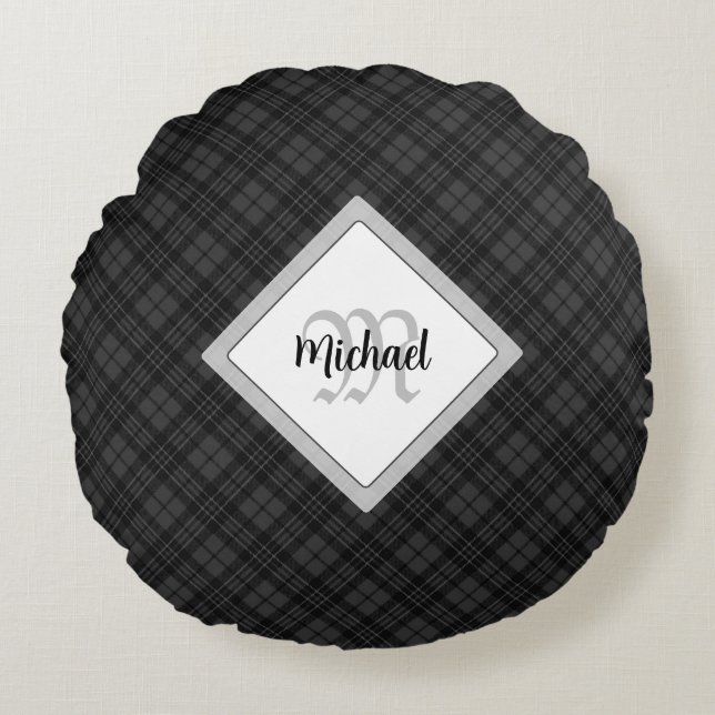 Coussins Ronds Trendy noir blanc tartan Personnaliser Monogramme (Devant)