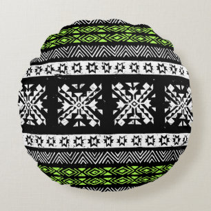 Coussins Ronds Tribal Navajo, motif noir blanc vert.