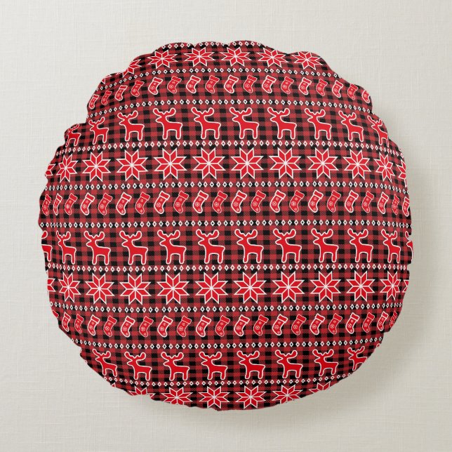 Coussins Ronds Tricot de Noël au motif de Rennes Féria de l'Île F (Devant)