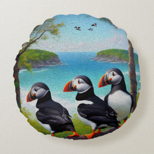 Coussins Ronds Trio côtier : Trois Puffins à la plage d'Oils