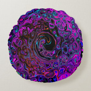 Coussins Ronds Trippy Black et Magenta Retro Liquid Swirl