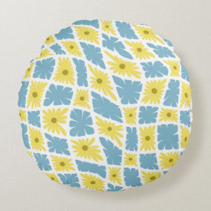 Coussins Ronds Trippy super Wavy 60s Flower Checks Jaune Bleu