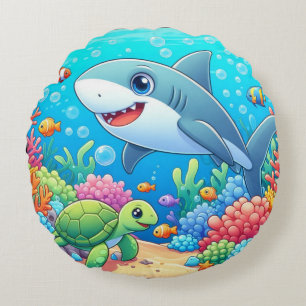 Coussins Ronds Tropical/Hawaii requin et tortue sous l'eau coloré