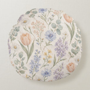 Coussins Ronds Tulipes Lilas Aquarelle Prairie de Printemps Paste
