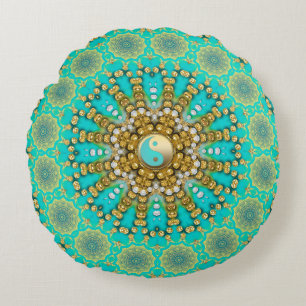 Coussins Ronds Turquoise Aqua Or Yin Yang Mandala de plage