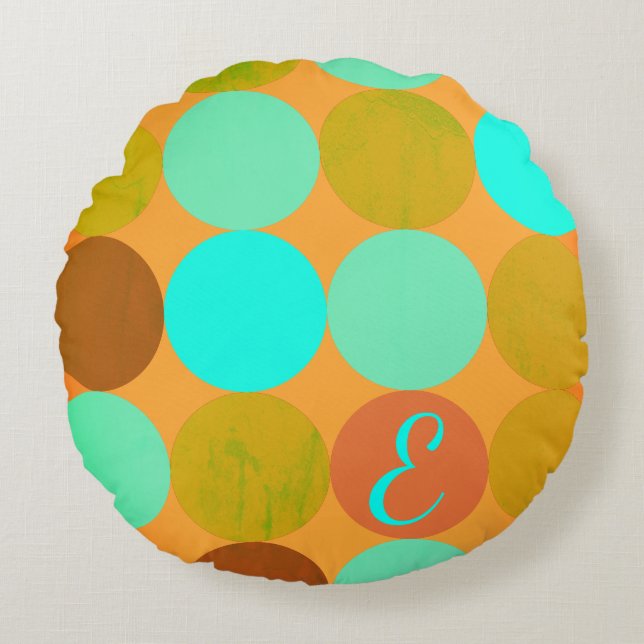 Coussins Ronds Turquoise Bleu Vert & Cercles Orange Monogramme (Devant)