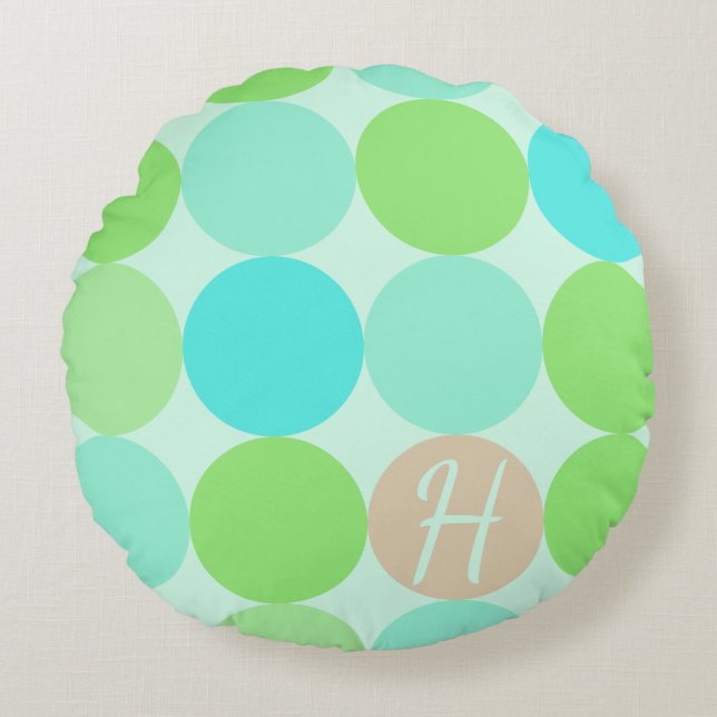 Coussins Ronds Turquoise Bleu Vert & Cercles Orange Monogramme (Devant)