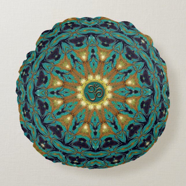 Coussins Ronds Turquoise or bohème Mandala OM Yoga Round Cushion (Devant)