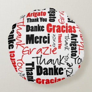 Coussins Ronds Typographie multilingue du Merci rouge noir