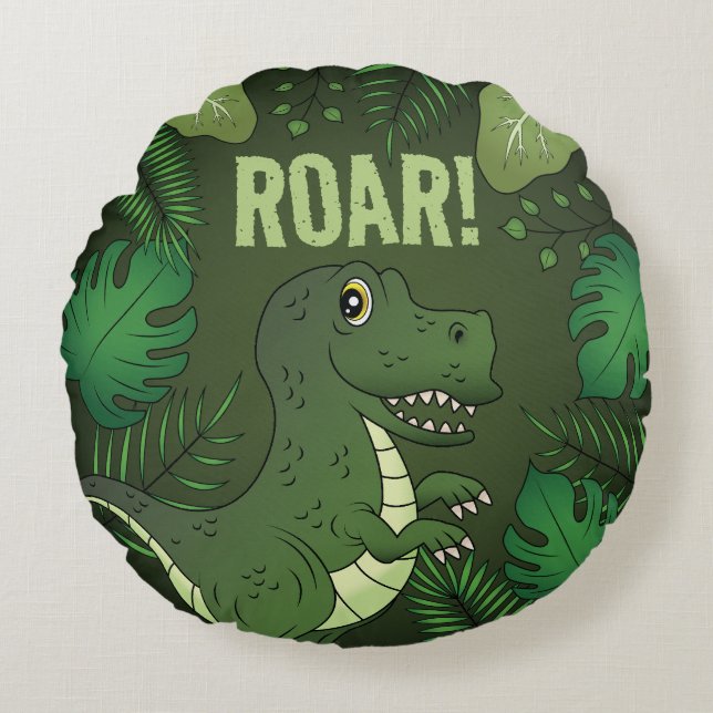 Coussins Ronds Tyrannosaurus vert mignon Rex Dinosaur & Roar Text (Devant)