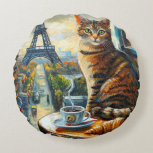 Coussins Ronds Un matin à Paris Chat tigré dans un café