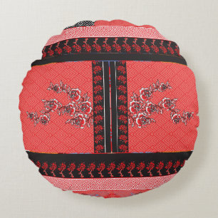 Coussins Ronds un motif rouge et noir avec des fleurs