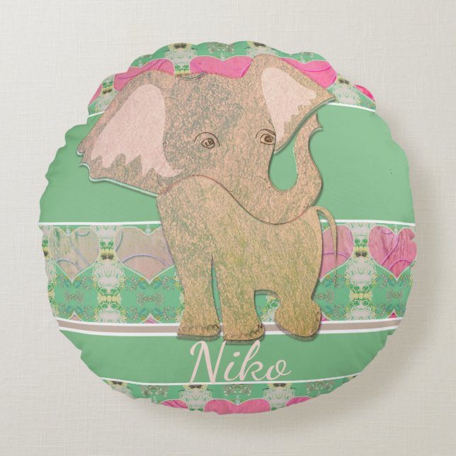 Coussins Ronds Un nouveau bébé garçon ! Eléphant et vert (Devant)