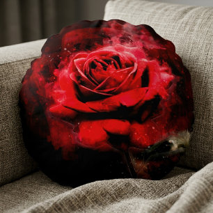 Coussins Ronds Une rose rouge aquarelle sur fond noir
