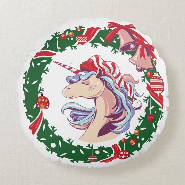 Coussins Ronds Unicorne magique de Noël (Devant)