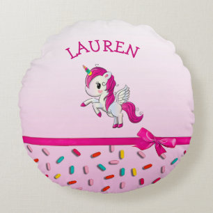 Coussins Ronds Unicorne rose et bonbons saupoudrent Pesonalié