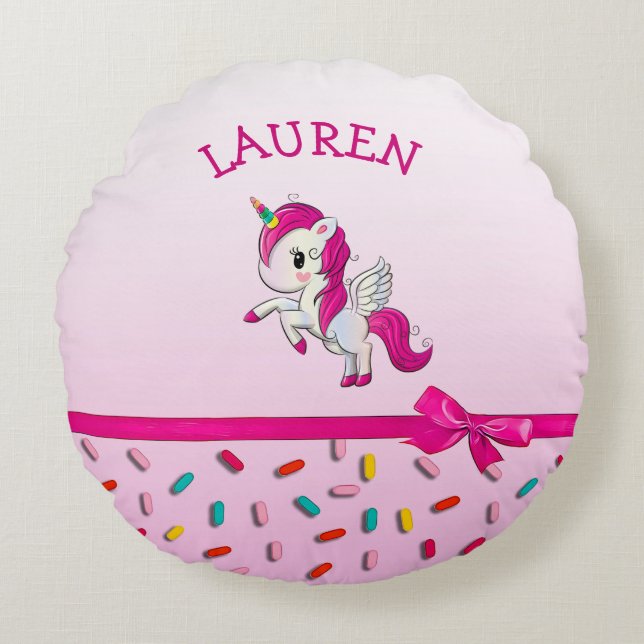 Coussins Ronds Unicorne rose et bonbons saupoudrent Pesonalié (Devant)