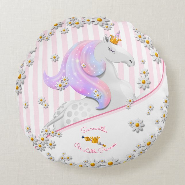 Coussins Ronds Unicorne rose rayée Princesse Nursery (Devant)