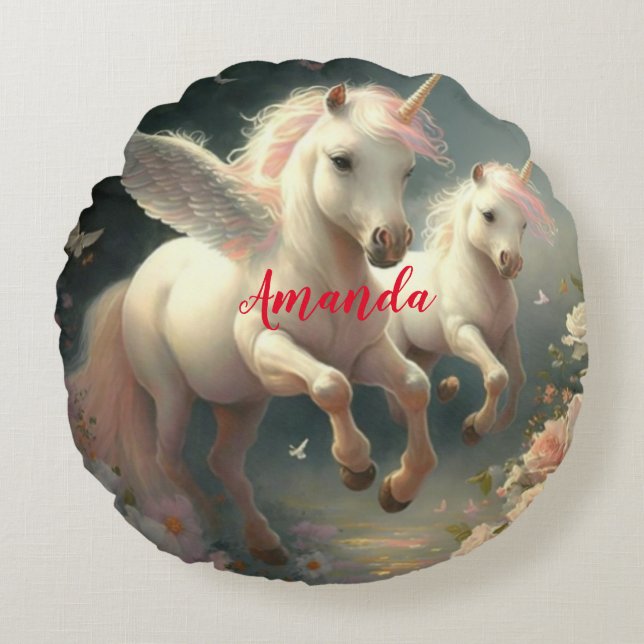 Coussins Ronds Unicornes florales personnalisées, petit poney vol (Devant)