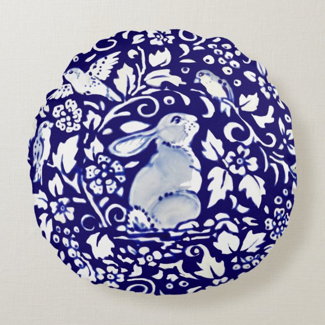 Coussins Ronds Unique bleu foncé et blanc lapin Dedham Delft (Devant)