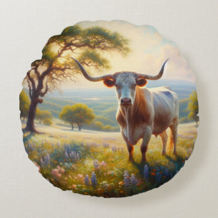 Coussins Ronds Vache à landes du printemps du Texas