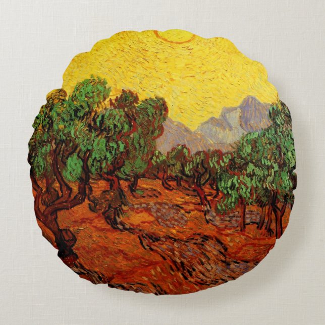 Coussins Ronds Van Gogh Oliviers avec ciel jaune et soleil (Devant)