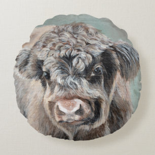 Coussins Ronds Veau des Highlands Écossais sur fond vert