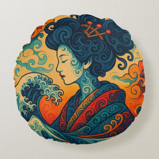 Coussins Ronds vectoriel oriental ondes de Geisha Kanagawa abstra (Devant)