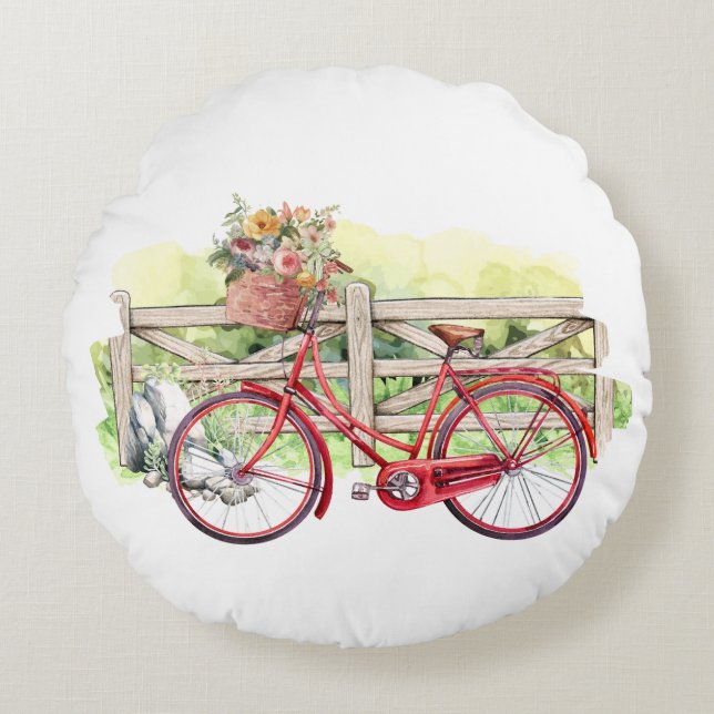Coussins Ronds Vélo rouge avec Fleurs Aquarelle (Devant)