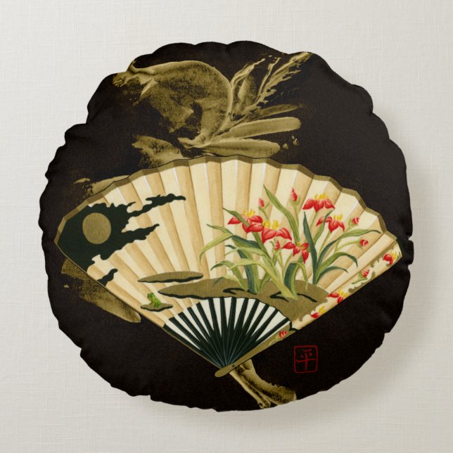 Coussins Ronds Ventilateur oriental criblé au design floral (Devant)