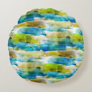 Coussins Ronds Vert abstrait d'aquarelle, bleu