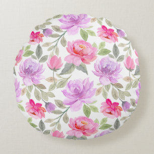 Coussins Ronds Vibe Printanier Frais : Dessin Floral Rose et Viol
