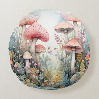 Coussins Ronds Vibes de champignons roses de printemps Aquarelle