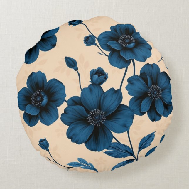 Coussins Ronds Victorian Blue Flowers on Beige Background Pillow (Dos)